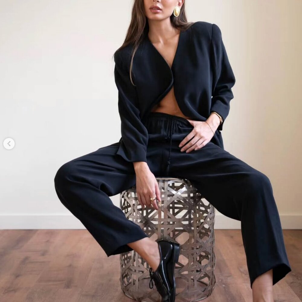 Black velvety silk suit by Dana Buchman